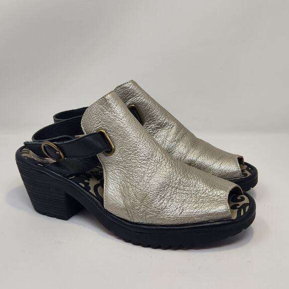 Fly London Wena Silver Black Leather Slingback Sandal Size 38 US 7.5 Peep Toe - Picture 1 of 8